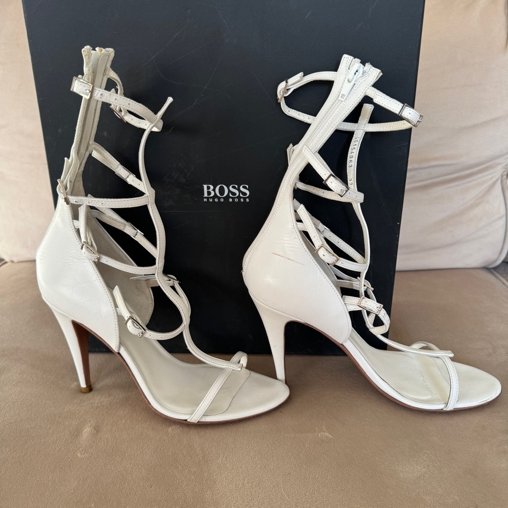 BOSS Hugo Boss White Strappy Buckle Gladiator Stilleto Sandals High Heel Shoes 7